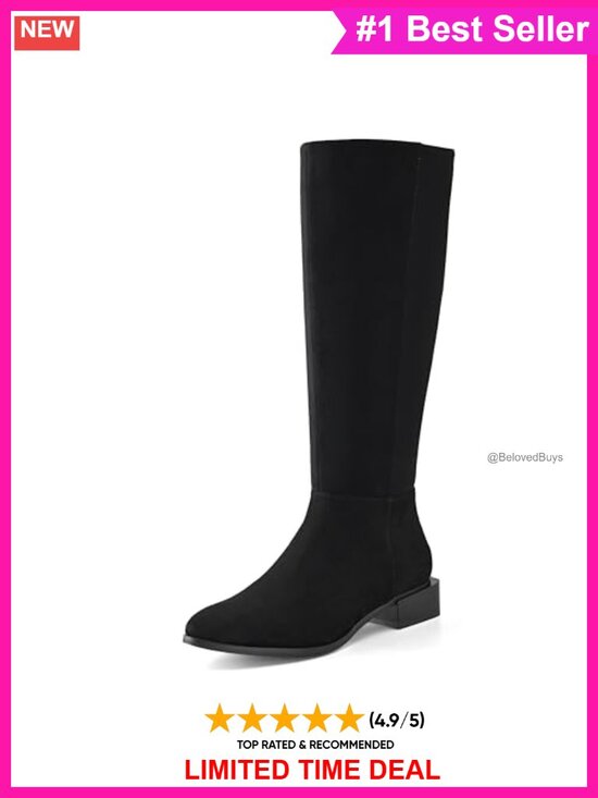Shoes - Suede Knee High Boots Chunky Low Heel Pointed Toe Side Zipper